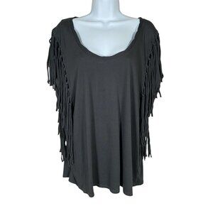 Free People Fantasy Fringe Tee Women's Medium Black Top Boho Festival Western